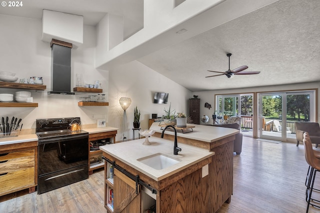 kitchen with a textured ceiling, vaulted ceiling, sink, light hardwood / wood-style floors, and black electric range oven