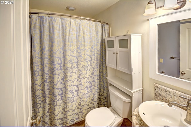 bathroom with toilet, a textured ceiling, and sink