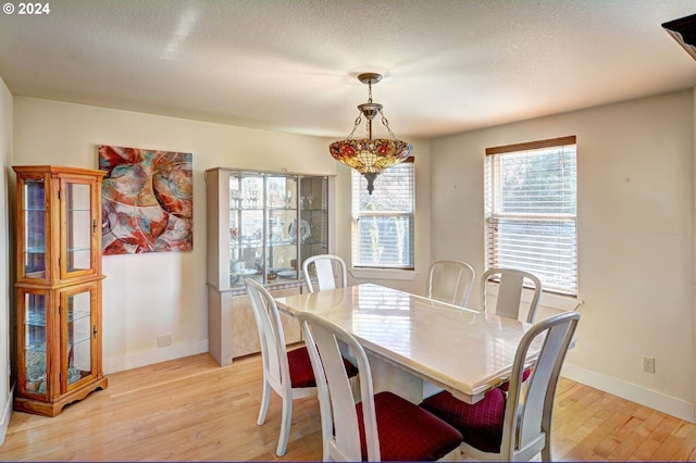 dining room featuring light hardwood / wood-style floors and a textured ceiling