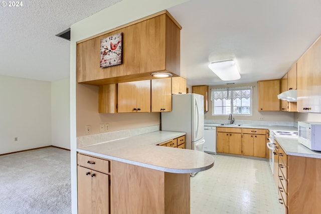 kitchen featuring sink, kitchen peninsula, a textured ceiling, white appliances, and light colored carpet