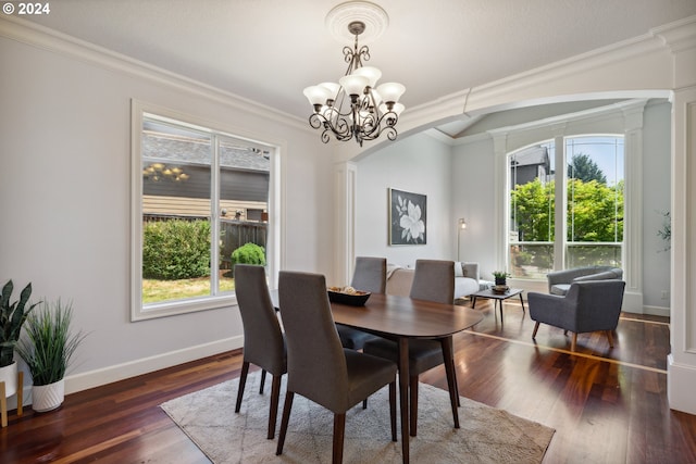 dining space with crown molding, dark hardwood / wood-style floors, and a wealth of natural light