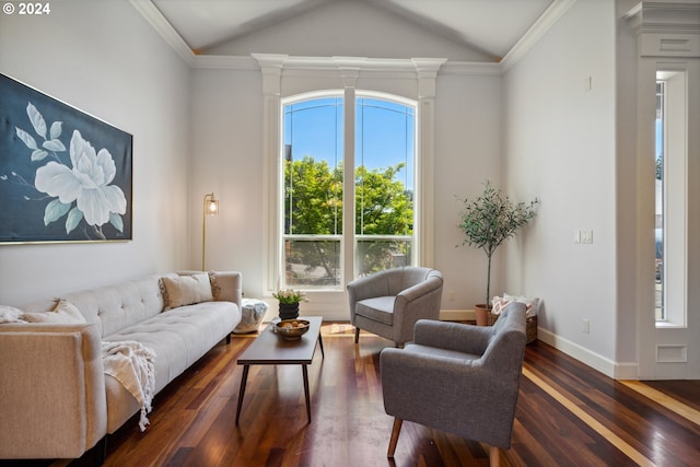 living room featuring dark hardwood / wood-style flooring, vaulted ceiling, and ornamental molding