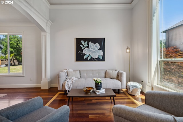 living room with ornamental molding, decorative columns, and dark hardwood / wood-style floors