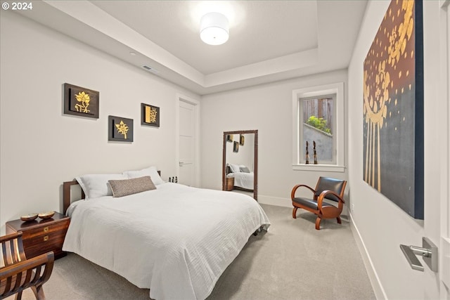 carpeted bedroom with a tray ceiling