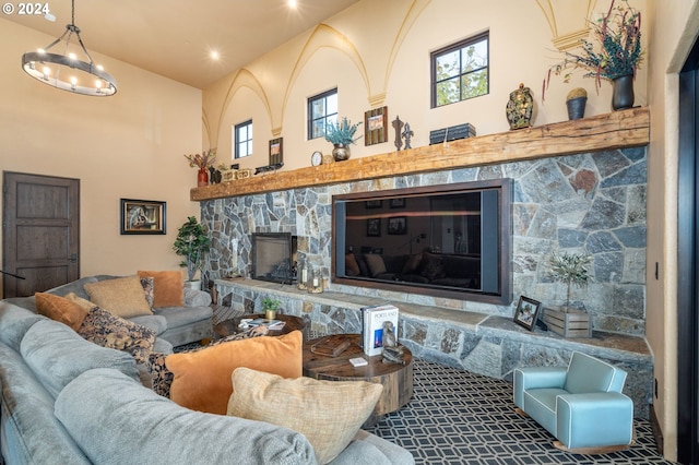 26590 SW French Oak Dr, West Linn, OR 97068 - living area featuring a high ceiling and a stone fireplace