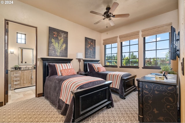 26590 SW French Oak Dr, West Linn, OR 97068 - bedroom featuring a ceiling fan, a sink, ensuite bathroom, and multiple windows