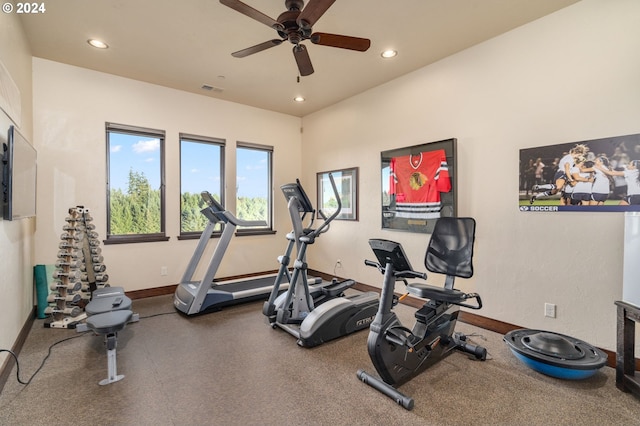 workout room with ceiling fan