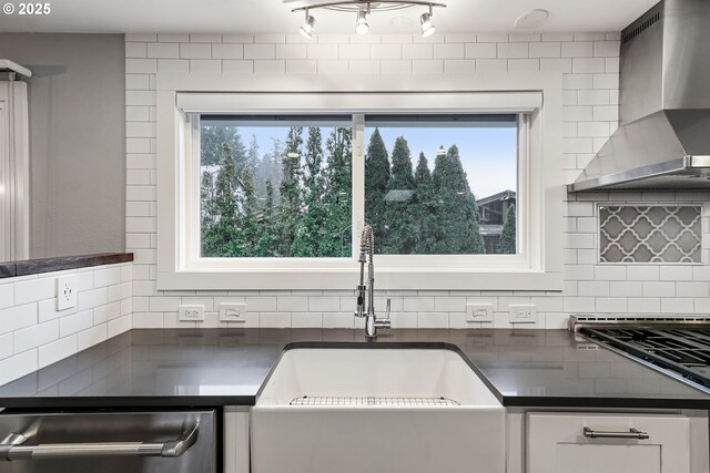 kitchen featuring white cabinetry, sink, wall chimney range hood, stainless steel dishwasher, and backsplash