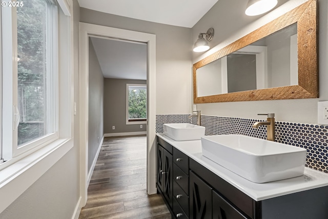 bathroom featuring vanity, tasteful backsplash, and hardwood / wood-style flooring