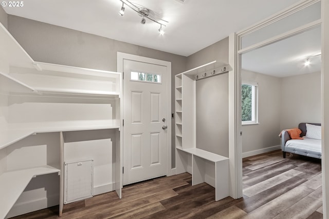 mudroom with rail lighting and dark wood-type flooring