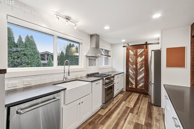 kitchen featuring white cabinetry, sink, wall chimney exhaust hood, a barn door, and appliances with stainless steel finishes