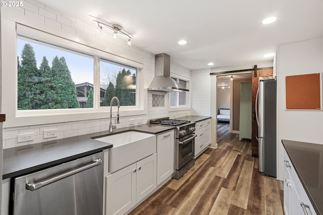 kitchen with sink, wall chimney exhaust hood, a barn door, appliances with stainless steel finishes, and white cabinetry