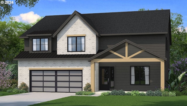 view of front facade featuring metal roof, brick siding, a standing seam roof, and driveway