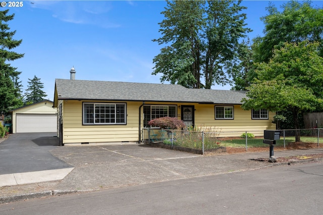 266 NE 193rd Ave, Portland, OR 97230 - ranch-style home featuring crawl space, a detached garage, an outbuilding, and roof with shingles