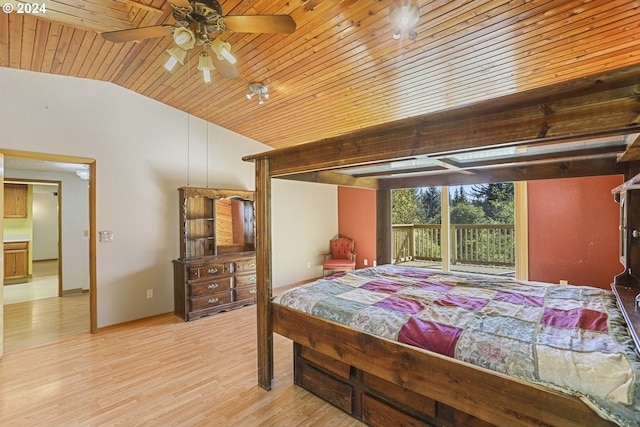 bedroom with access to exterior, wooden ceiling, vaulted ceiling, light wood-type flooring, and ceiling fan