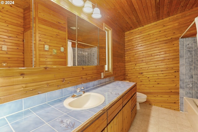 full bathroom with wood ceiling, toilet, wooden walls, shower / tub combo, and vanity