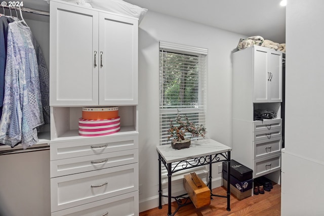 walk in closet with hardwood / wood-style floors