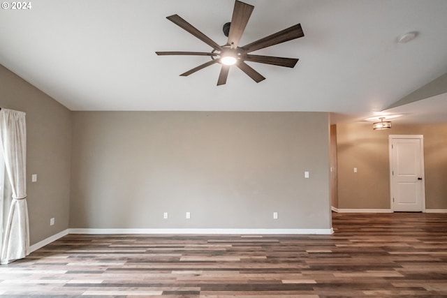 unfurnished living room featuring ceiling fan, hardwood / wood-style floors, and lofted ceiling