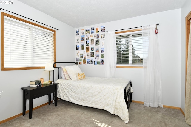 carpeted bedroom with a textured ceiling