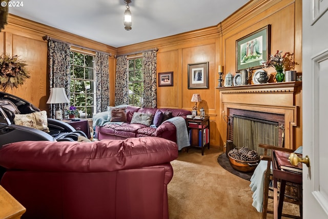 carpeted living room featuring wooden walls