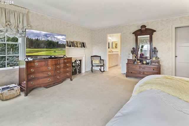 carpeted bedroom featuring ensuite bath and ornamental molding