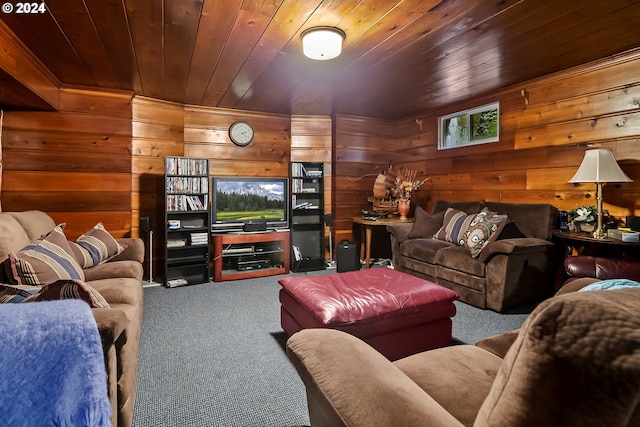 living room featuring wooden ceiling, carpet flooring, and wooden walls