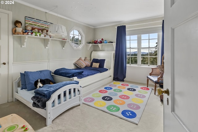 carpeted bedroom with multiple windows and crown molding