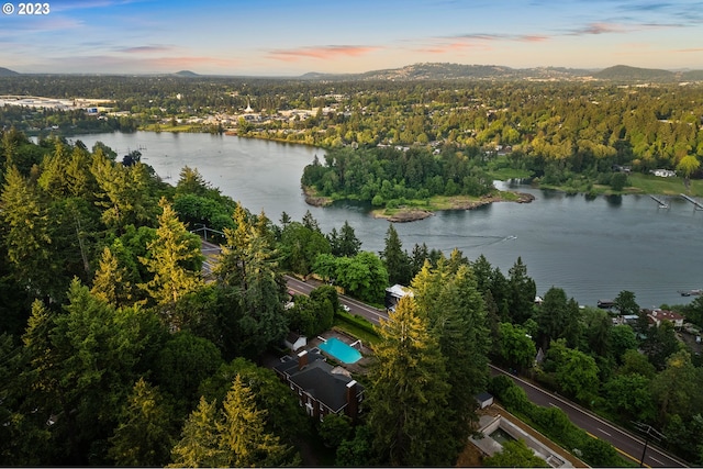 aerial view at dusk with a water view