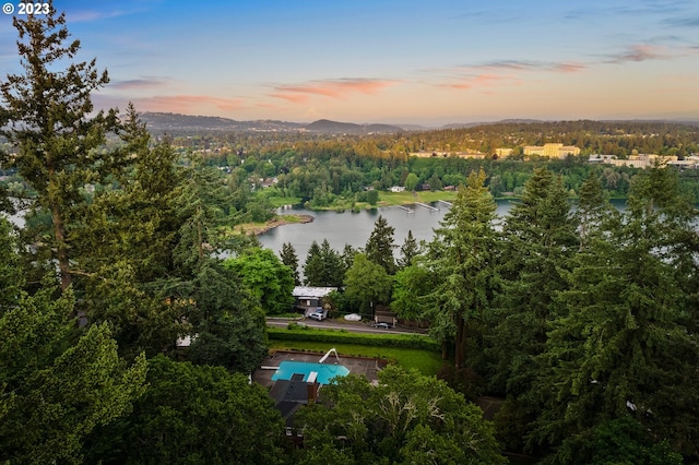 aerial view at dusk with a water view