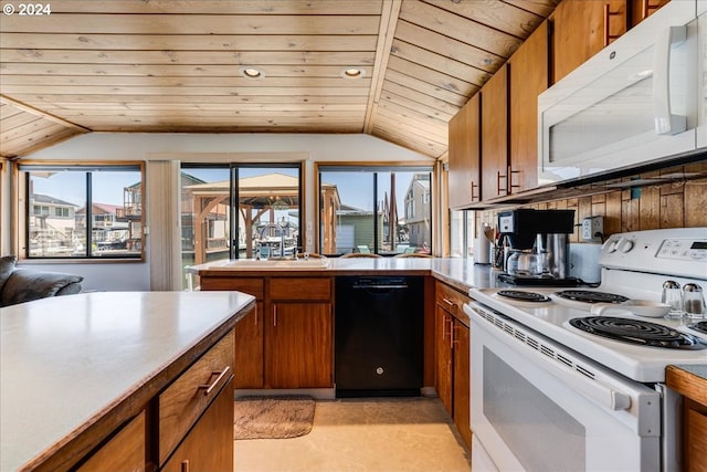 kitchen featuring vaulted ceiling, sink, wood ceiling, and white appliances