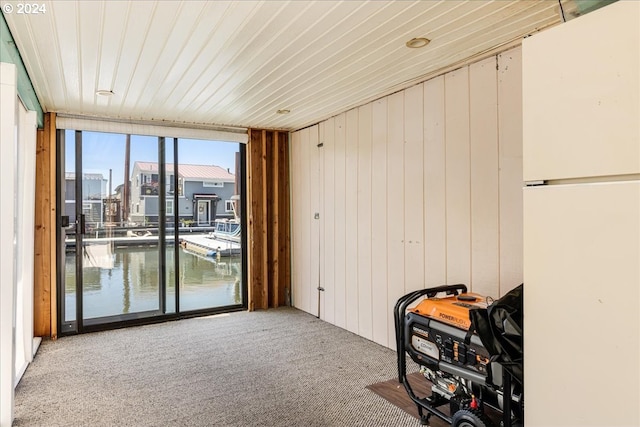 miscellaneous room featuring floor to ceiling windows, light carpet, and wood walls