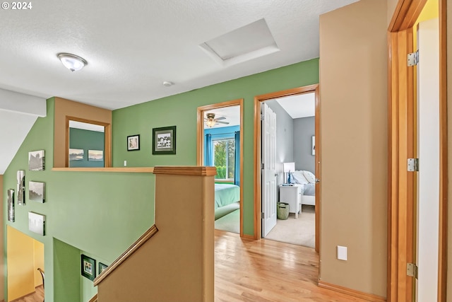 hall with light hardwood / wood-style floors and a textured ceiling