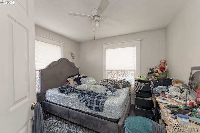 bedroom featuring ceiling fan and multiple windows