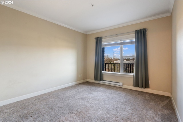 carpeted spare room featuring crown molding and a baseboard radiator