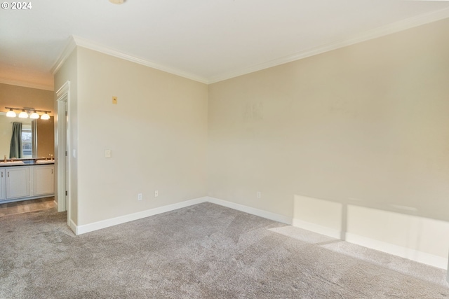 carpeted spare room featuring crown molding