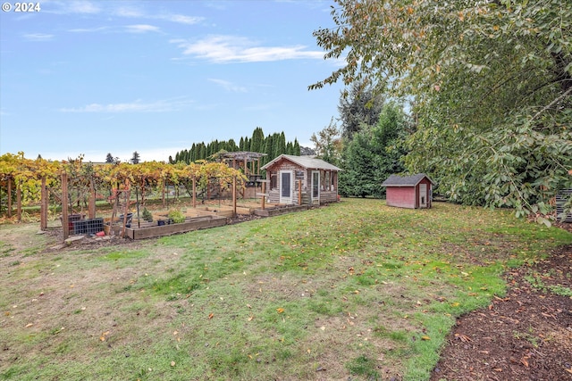 view of yard with a storage shed