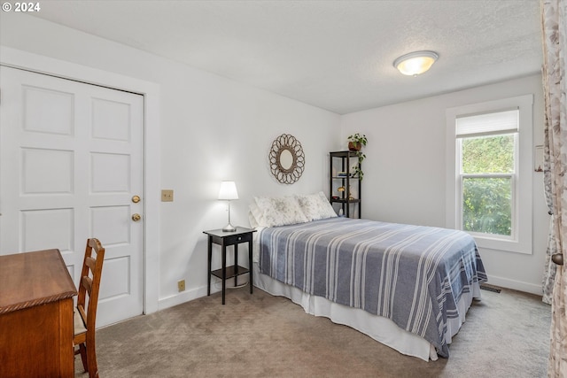 carpeted bedroom with a textured ceiling