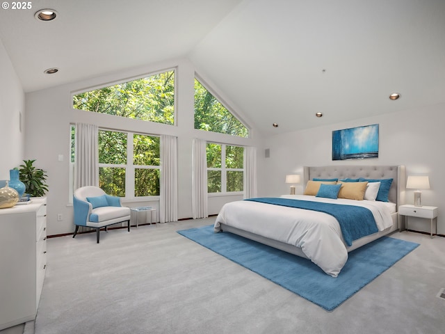 bedroom featuring light carpet and high vaulted ceiling