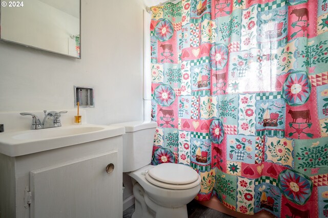 bathroom featuring vanity, toilet, and a shower with curtain