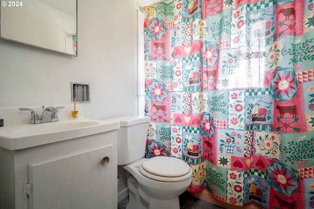 full bathroom with a shower with curtain, toilet, and vanity