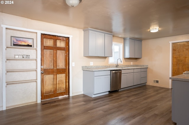 kitchen featuring visible vents, a sink, gray cabinetry, dark wood-type flooring, and dishwasher