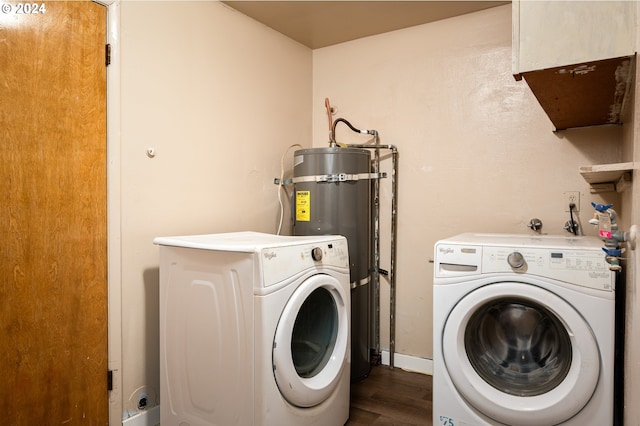 laundry area with separate washer and dryer, secured water heater, dark wood-style flooring, and laundry area