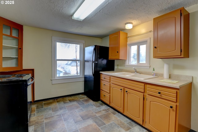 kitchen featuring baseboards, glass insert cabinets, light countertops, black appliances, and a sink