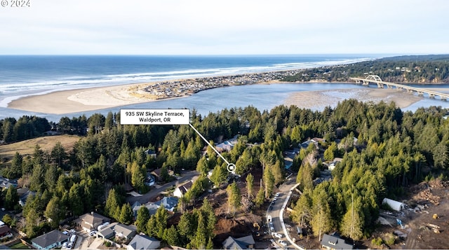 aerial view featuring a water view and a beach view