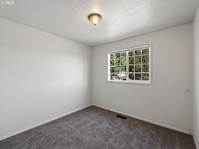 carpeted empty room featuring a textured ceiling