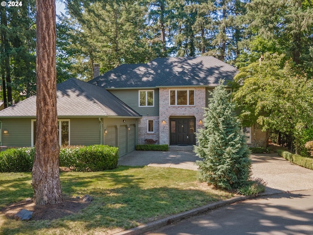 view of front of property featuring a front yard and a garage