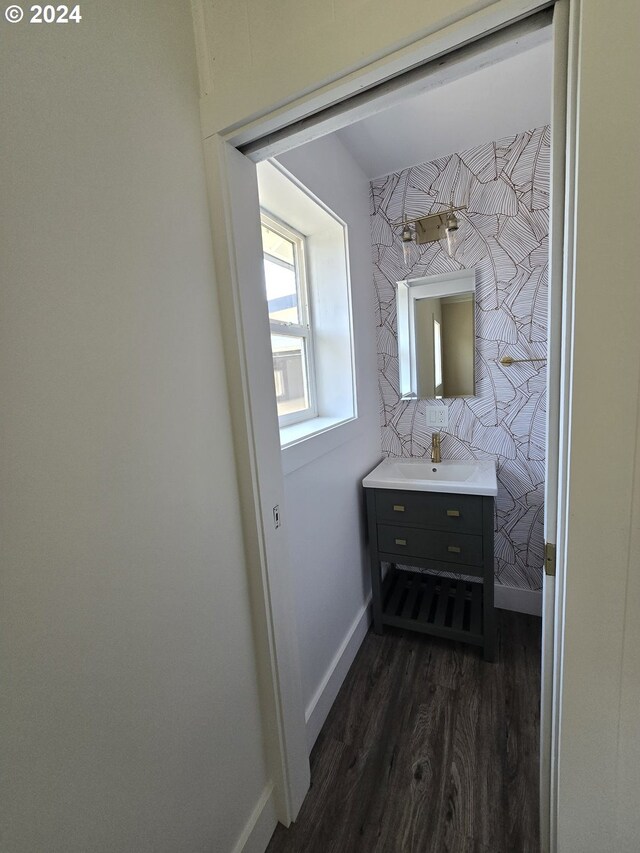 bathroom featuring vanity and hardwood / wood-style floors