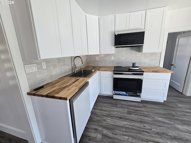 kitchen with wood counters, electric range, dishwasher, and white cabinets