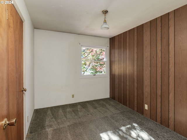 empty room with carpet and wood walls