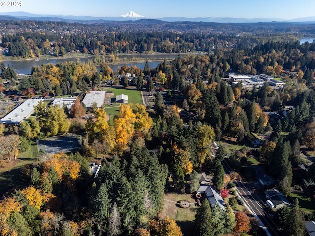 bird's eye view with a water and mountain view